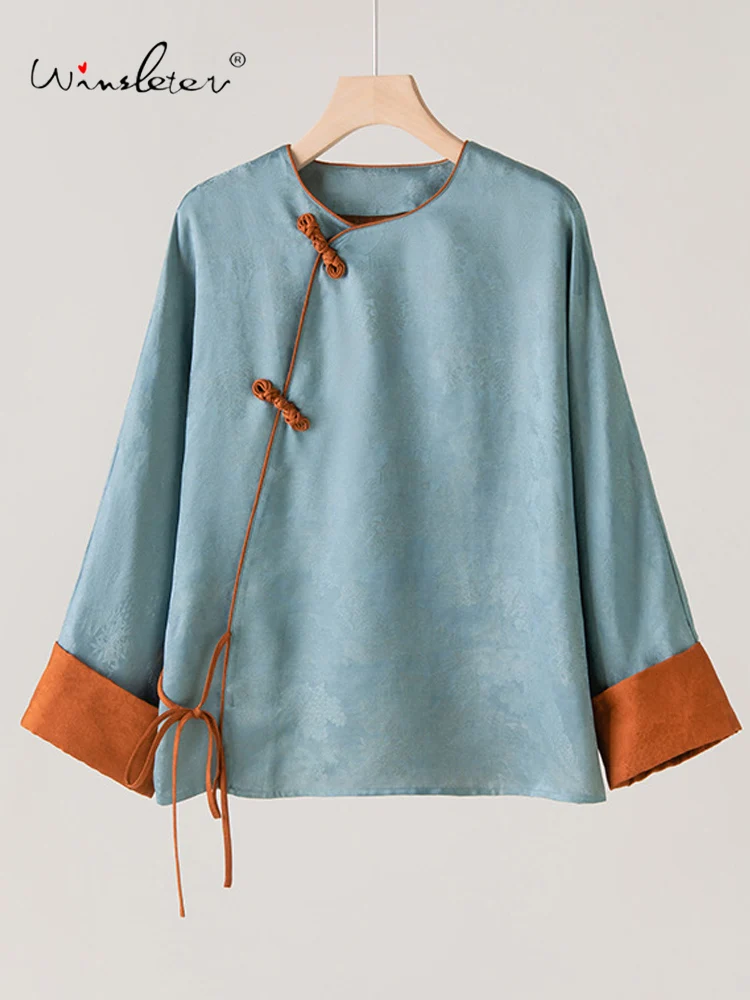 

Winsleter-100%Real Silk Watered Gauze Elegant Shirt, O Neck Jacquard, Woman New Chinese Style Loose Blouse, 2026 Spring T5D839CC