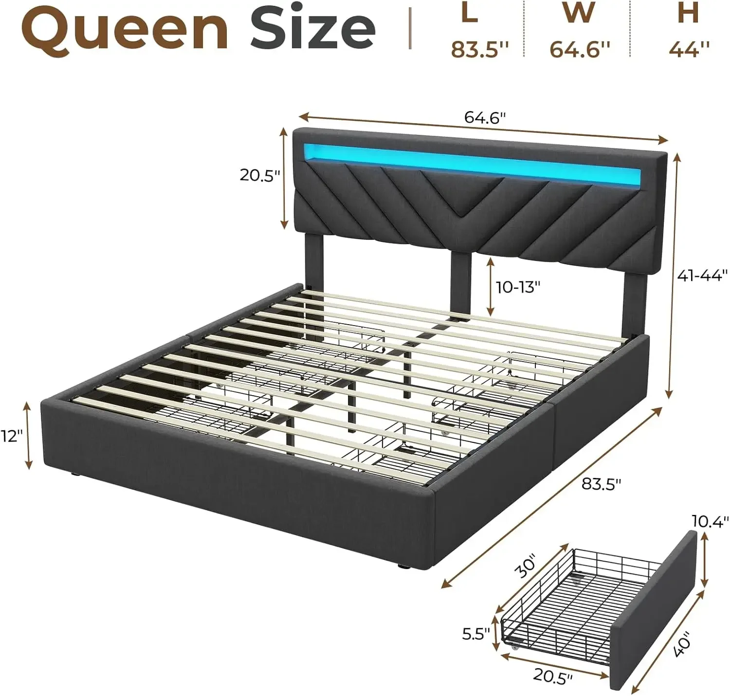 Bed Frame with Drawers, LED Bed Frame with 2 USB Charging Station, Upholstered Platform Bed with Storage & LED Lights Headboard