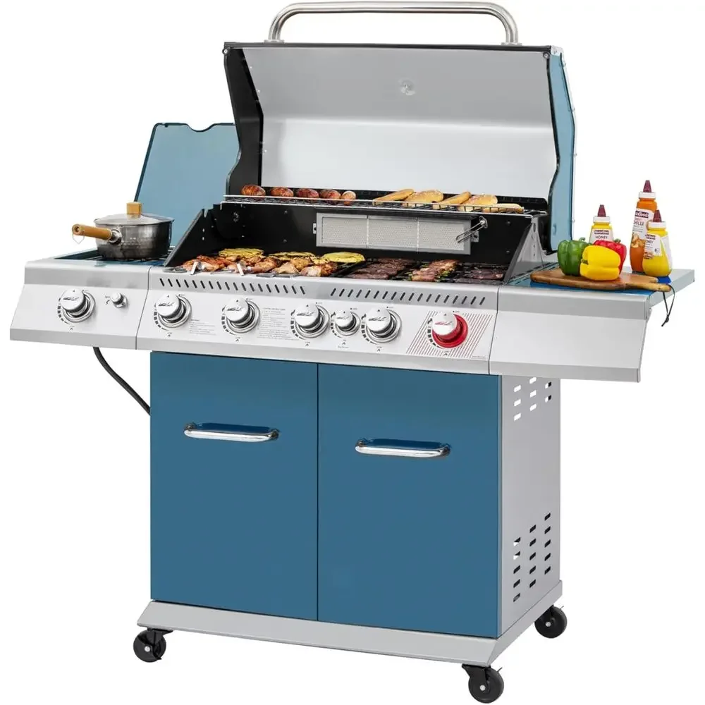 5-Burner Propane Gas Grill with Side and Rear Burners, Cabinet-Style BBQ Grill, 74,000 BTU Output, Ideal for Backyard Cooking, B