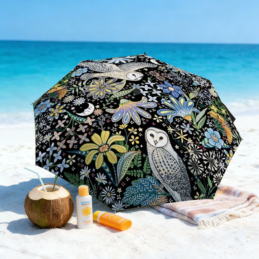 1PC Whimsical Owl and Floral Patterned Umbrella Near a Lake Print 8 Iron Ribs Folding Umbrella Auto-Open Fashion Sunshade