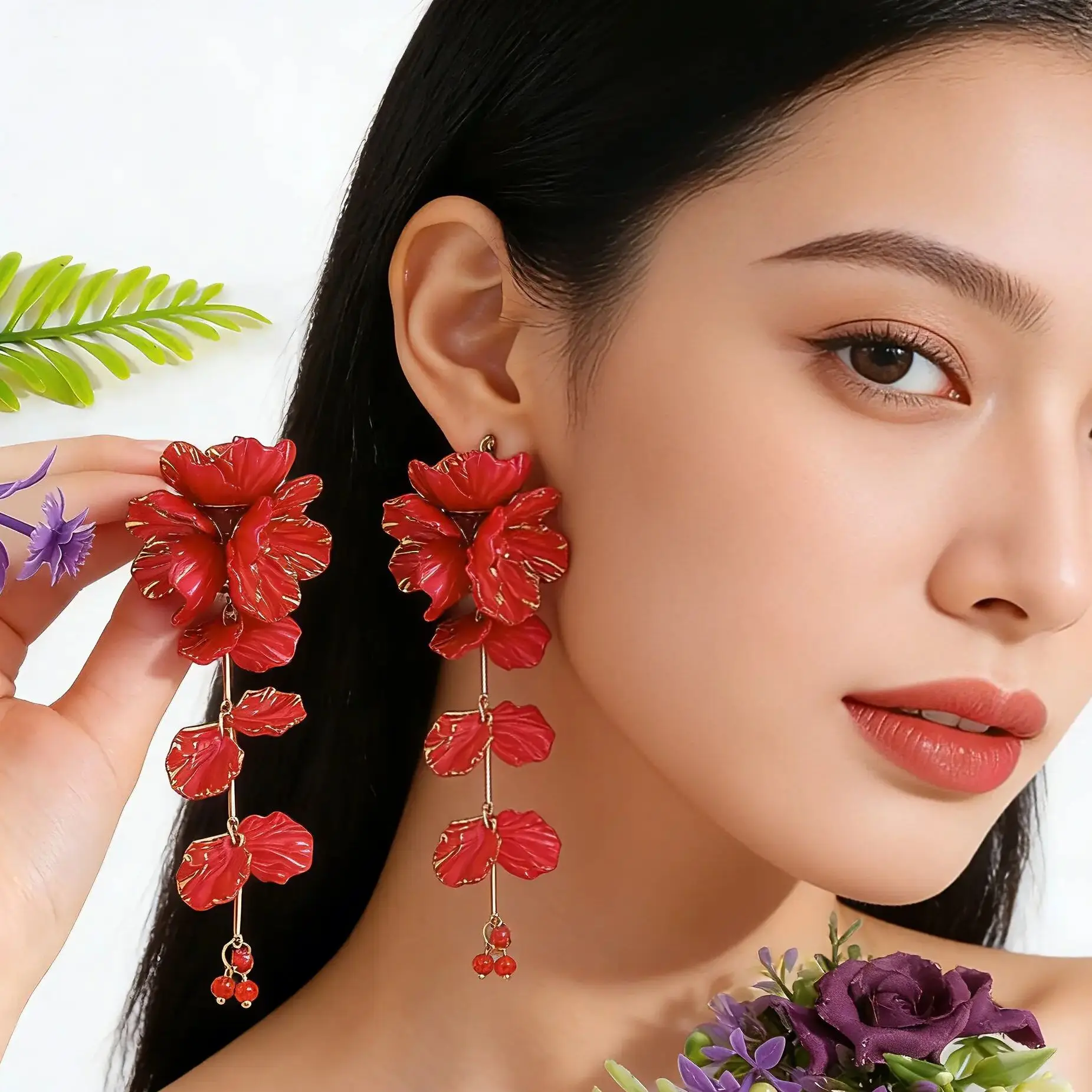 

Exquisite Colorful Flower Long Tassel Dangle Earrings Gradient Petal Earrings Spring Summer Party Jewelry Accessories for Girls
