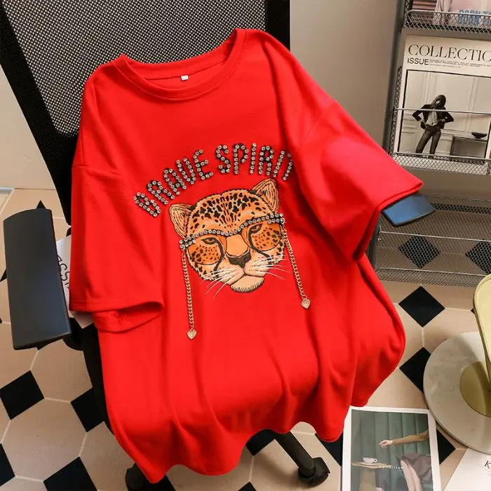 Camiseta de manga curta feminina, algodão grande, meia manga solta, requintado top de strass tigre, estação europeia, nova, verão