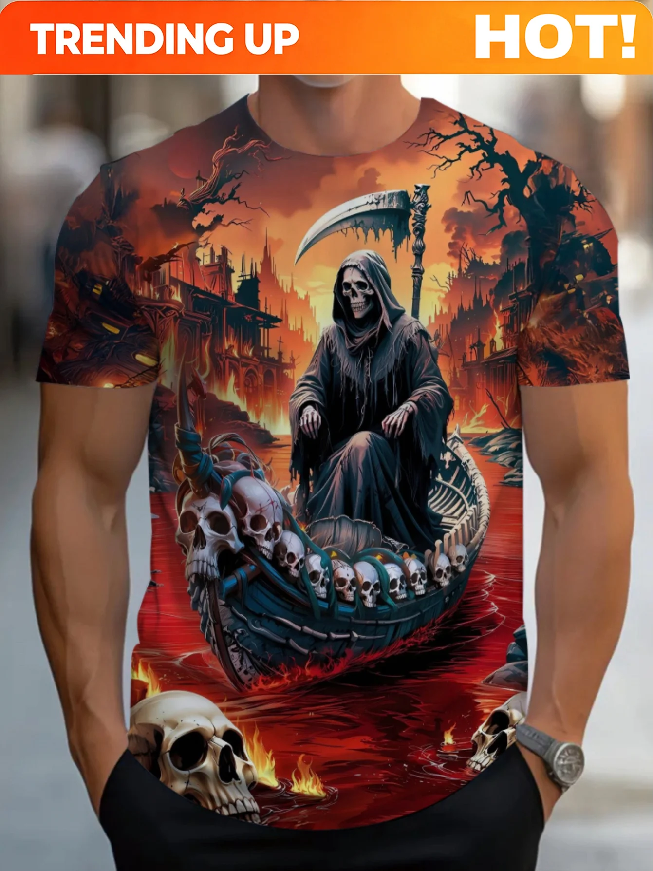 Customization Men'S Gothic Grim Reaper And Dark Fantasy Theme T-Shirt - All-Over Print Death Motif Design, Black And Red Short S