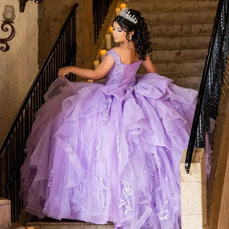 Lorencia Lavender V-Neck Ball Gown Quinceanera Dress Applique 3D Flower Off the Shoulder Sweet 15 16 Vestidos De XV Anos YQD377