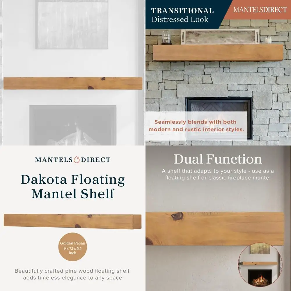 

Dakota 72 Premium Pine Wood Fireplace Mantel Shelf, 9 Deep with Golden Pecan Finish, Floating Design