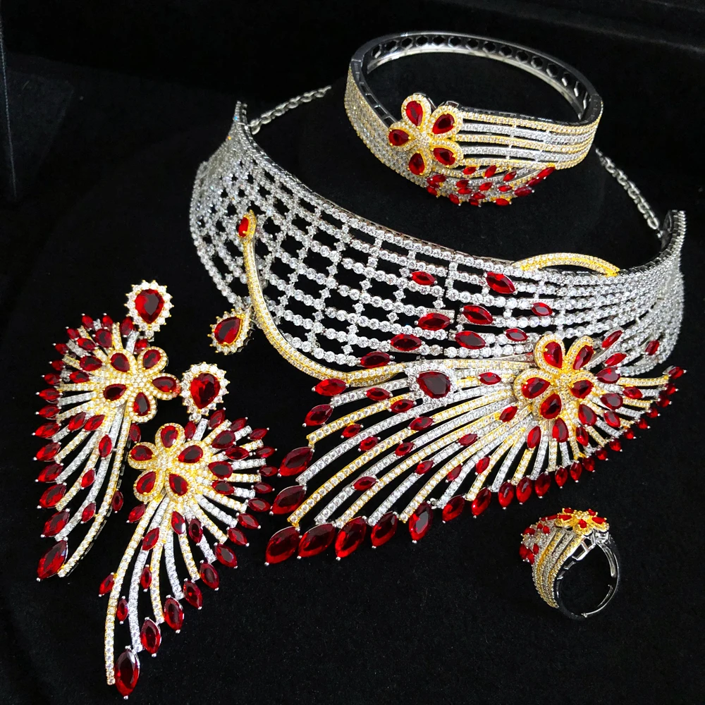 GODKI Luxury African Feather Chokers Jewelry Sets For Women Wedding Cubic Zirconia CZ Dubai Bridal Jewelry Set Dance Party gift