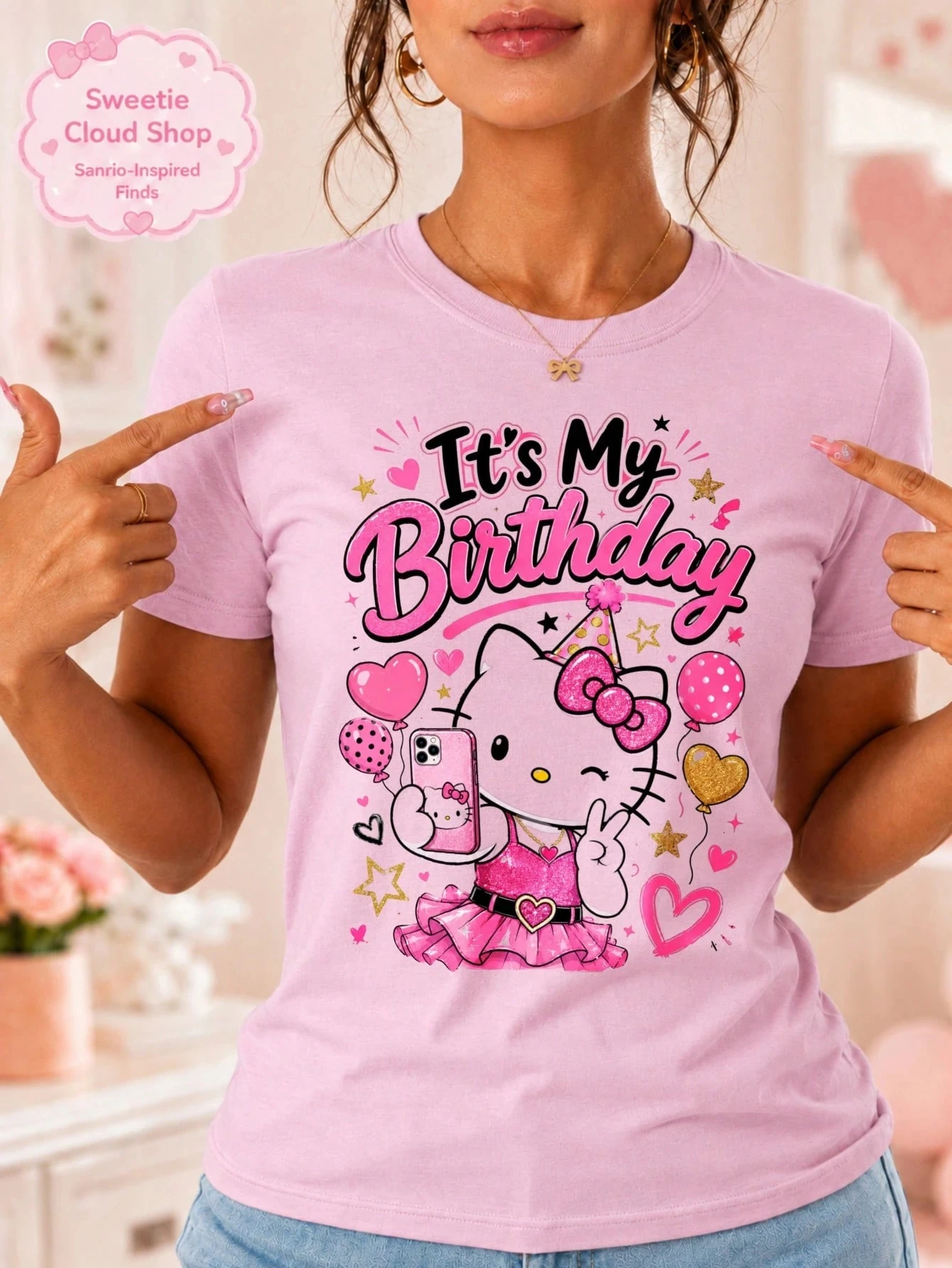 2026 SANRIO Cute Kawaii Style Women's T-shirt Hello Kitty Birthday Celebration Design Party Season Gift Sisters Couple