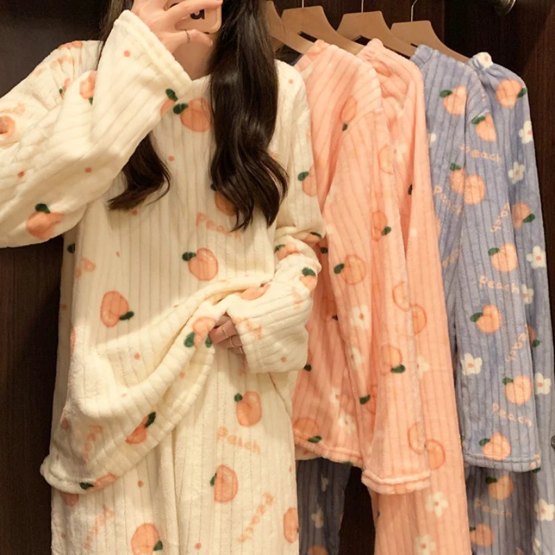 Women Winter Pyjamas Set Flannel Pajamas Autumn Warm Flower Coral Bath Velvet Suit Badjas Female Sleepwear Robes 2022 Clothes