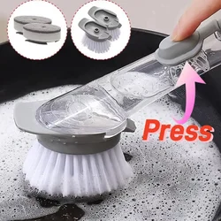 Kitchen Dish Cleaning Sponge Brush Liquid Filling Press Type Pot Cleaning Brush Soap Dispensing Pot Scrubber with Long Handle