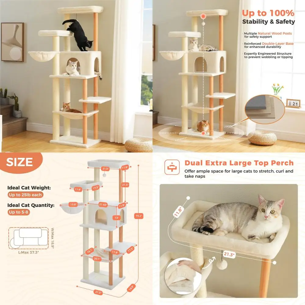 

Большая деревянная кошачья стойка с сизалевыми стойками для когтетрещения, 2 перьявыми площадками и бежевым домиком для крупных кошек