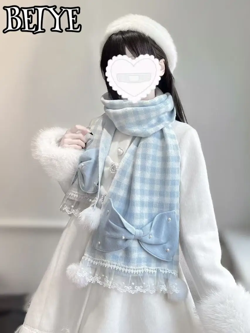 Scarf Original Japanese Mine Series Mass-produced Pearl Bow Hairball Scarf Female Sweet Pink Lolita Plaid Scarf Autumn Winter