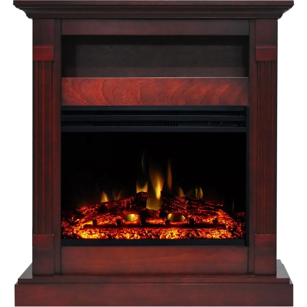 Cherry Electric Fireplace Heater Mantel with Deep Log Display and Realistic LED Multi-Color Flames