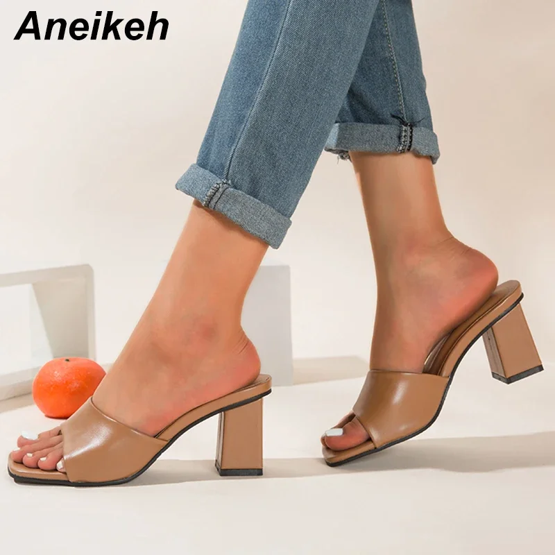 Aneikeh 2024 New Women Slipper Summer Outdoor Sandal Mules Square High Heel Slip On Flip Flop Elegant Women Slides Sandals