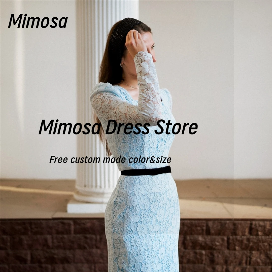 فساتين ميموسا الدانتيل الكامل للحفلات الراقصة والولائم ورقبة مربعة وأكمام طويلة فساتين سهرة بسحاب خلفي فستان زفاف العروس حسب الطلب