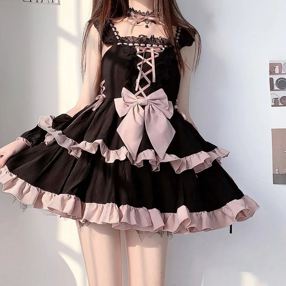 Gonna Lolita estiva taglie forti 300 Pou da donna, ultra corta con orlo in pizzo, casual, a trapezio, con nodo decorativo