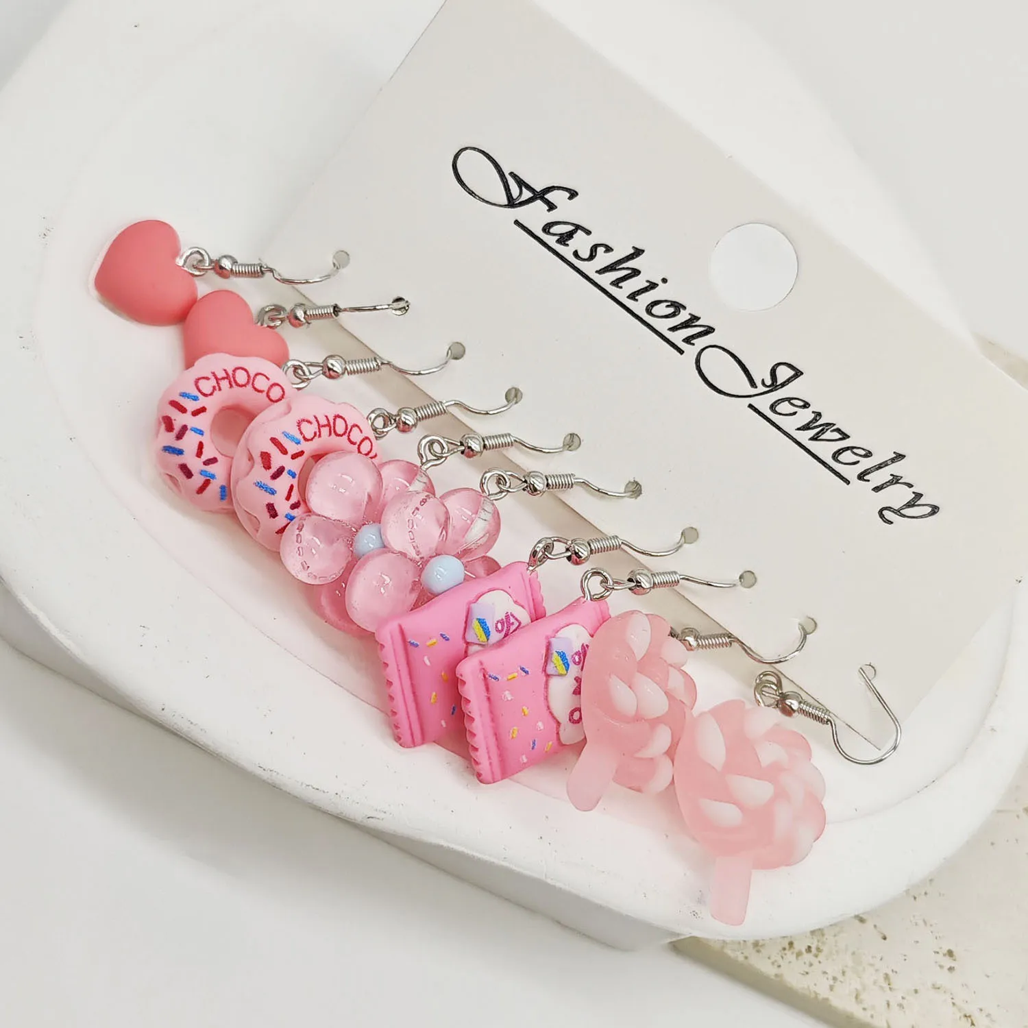 New Fashionable, Fresh, Sweet Resin Simulation Food Play, Donut Snacks, lollipops, Pink Earrings and Earrings Set