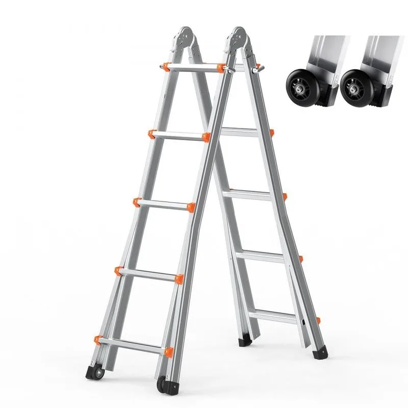 VEVOR Telescoping Ladder A Frame with 2 Wheels , 330 LBS Load Compact Aluminum Extension Ladder,  Portable Collapsible RV Ladder