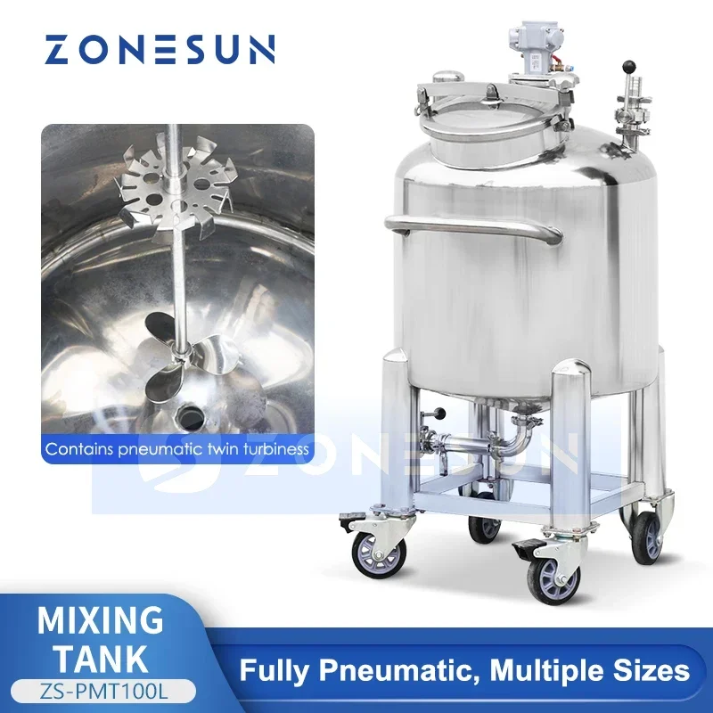 ZONESUN ZS-PMT100L Pneumatic Twin Turbiness Mixing Tank Stainless Steel Stirred Vessel Chemical Cosmetic Liquid Blending Machine