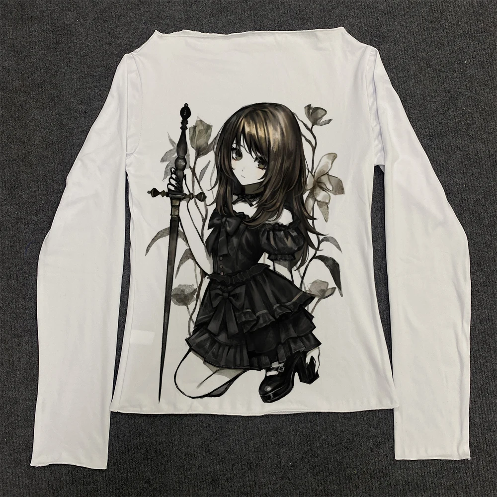 ملابس علوية مطبوعة فاسق Y2k تي شيرت بناتي بأكمام طويلة ملابس خروج نسائية قوطية بأكمام طويلة تي شيرت Harajuku Fairy 2000s #1