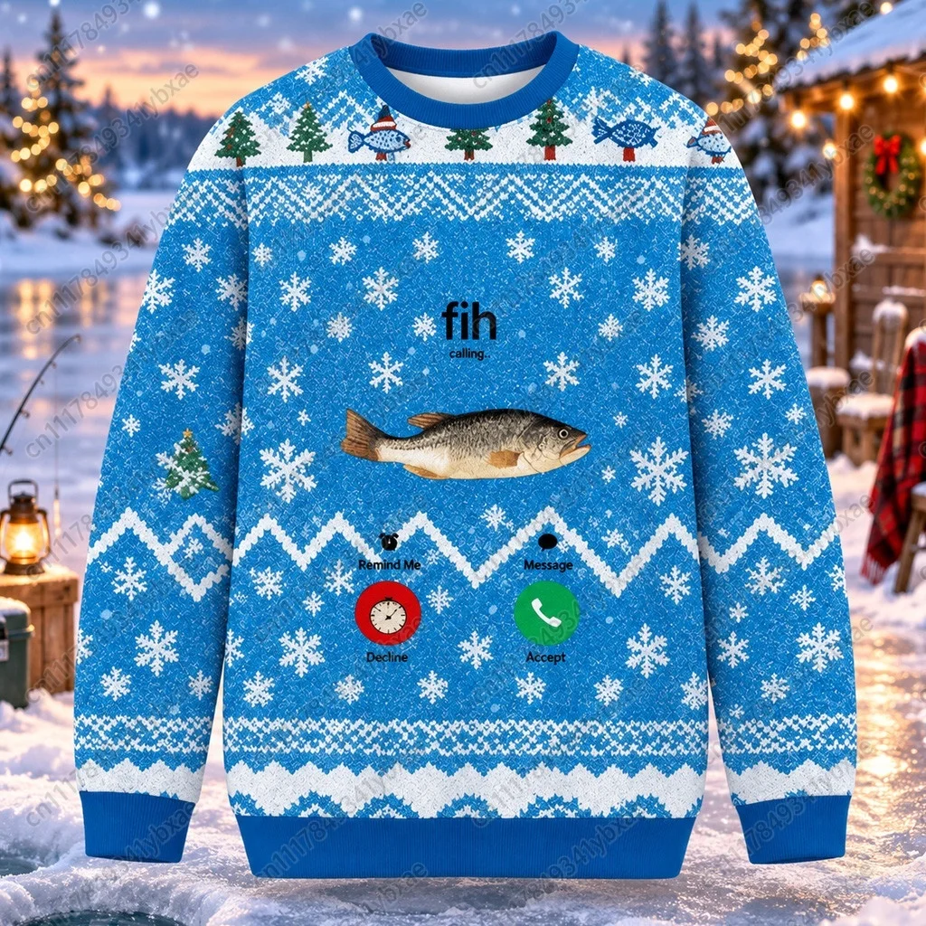 2026 Fish Call Interesting Fishing Man Woman Blue Christmas Round Neck Pullover Bass Fisherman Holiday Family Gift Winter
