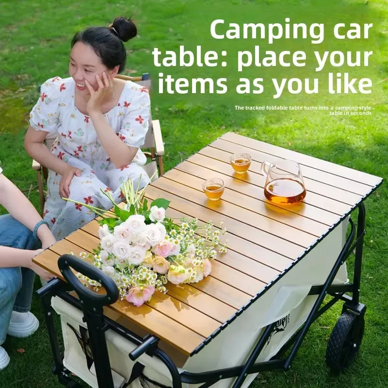 STLF Outdoor camping carbon steel folding dining table with trolley trailer board 90x55 size can be customized, custom