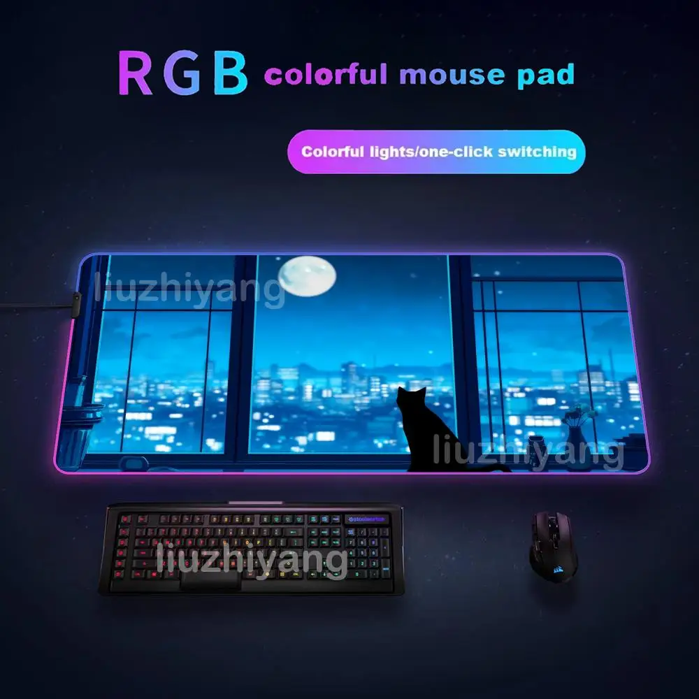 

Коврик для мыши с изображением кота, большие игровые коврики для мыши RGB, светодиодный светильник с замком по краям, игровые аксессуары, настольные коврики, коврик для клавиатуры ПК XXL 90x40 см