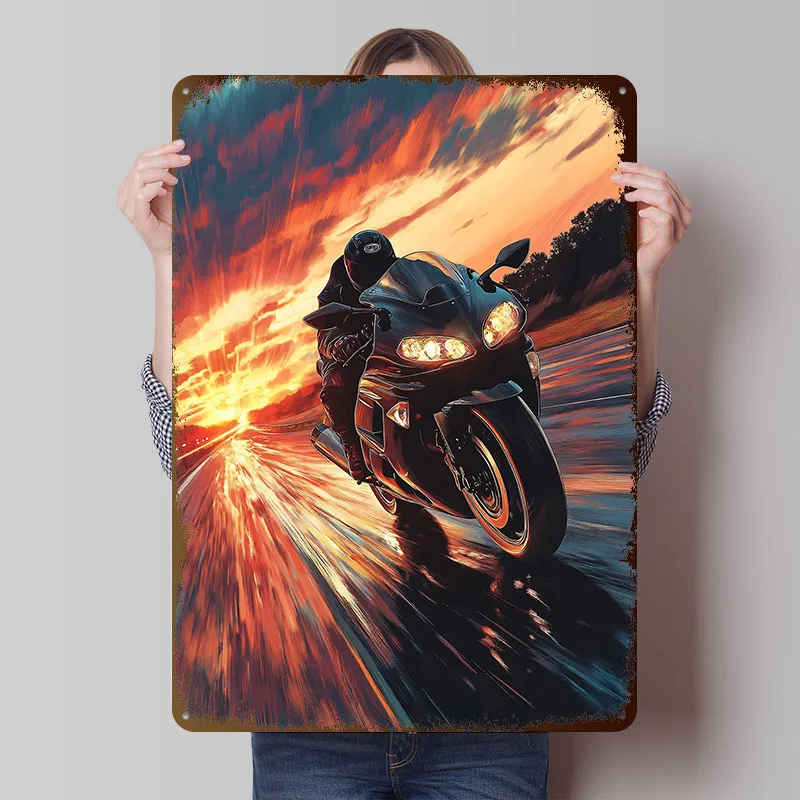 Hayabusa Motorcycle Sunset Ride Poster Customized Wall Art Vintage Metal Signs Retro Tin Plaque for Man Cave Bar Accessories