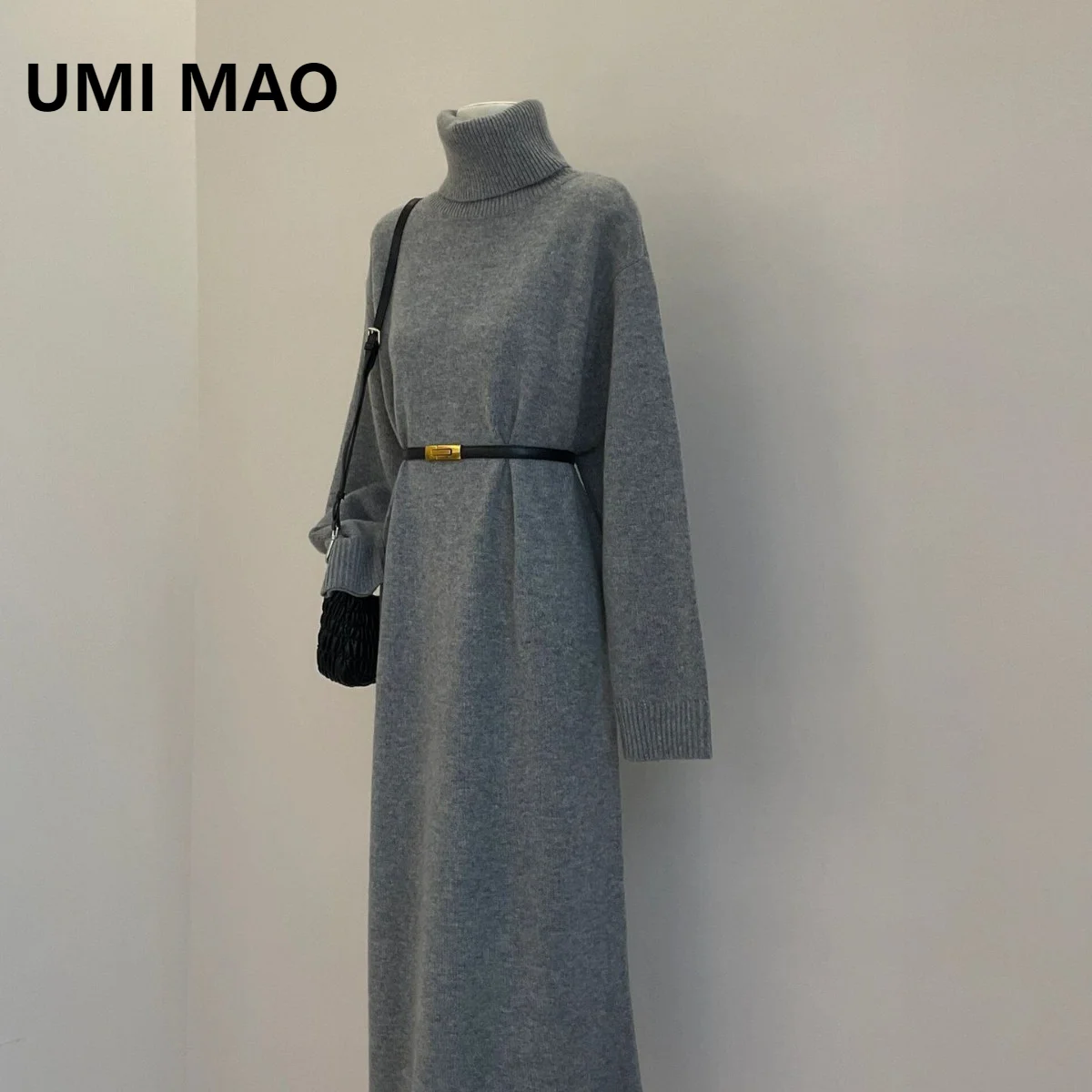 

UMI MAO Autumn Winter New High Collar Knitted Dress Elegant With Female Lazy Style Grey Long Sleeve Inner Sweater Long Dresses