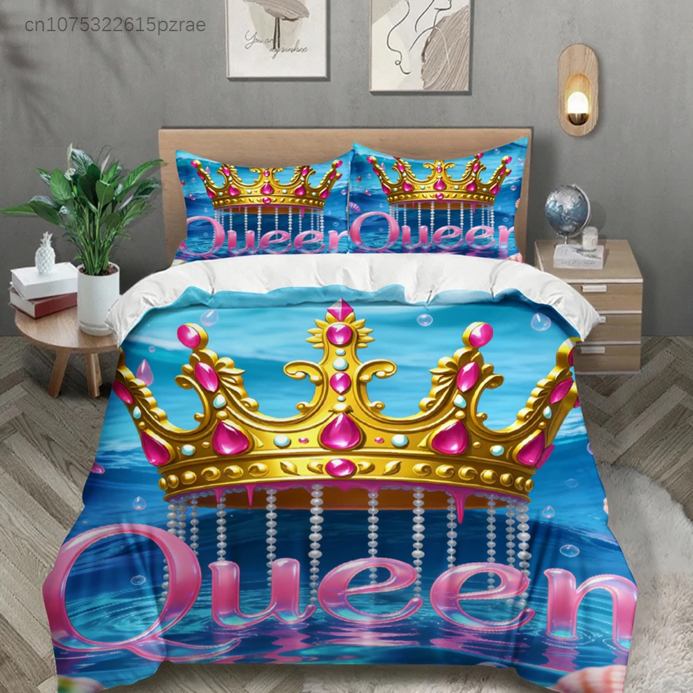 Queen And King  Bedding Set Black Gold Crown Print Bedding With Duvet Cover Pillowcases For Couples Bedroom