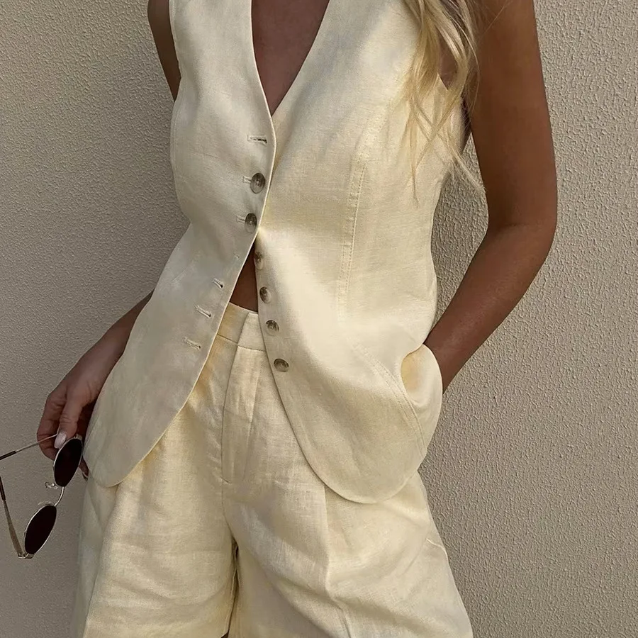 

Летний повседневный комплект из хлопка и льна: жилет и шорты, женский модный костюм-двойка с V-образным вырезом и застежкой на пуговицы, укороченная длина