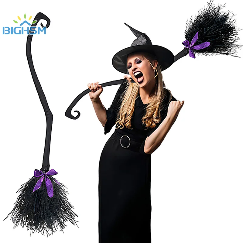 89/128cm 2024 Witch Exquisite Black Broom With Ribbon Fashion Halloween Decoration Party Favor Photo Booth Accessories