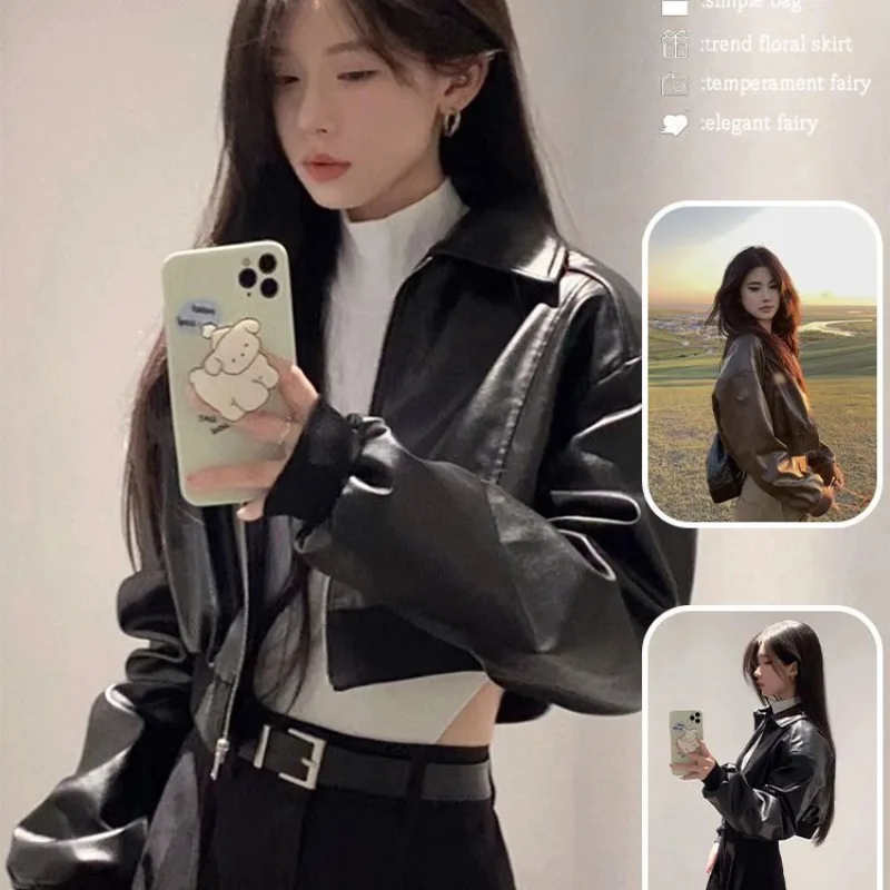 Hong Kong Style Retro Locomotive Short Leather Jacket Women's Early Spring New Short High-end Small Black Leather Jacket