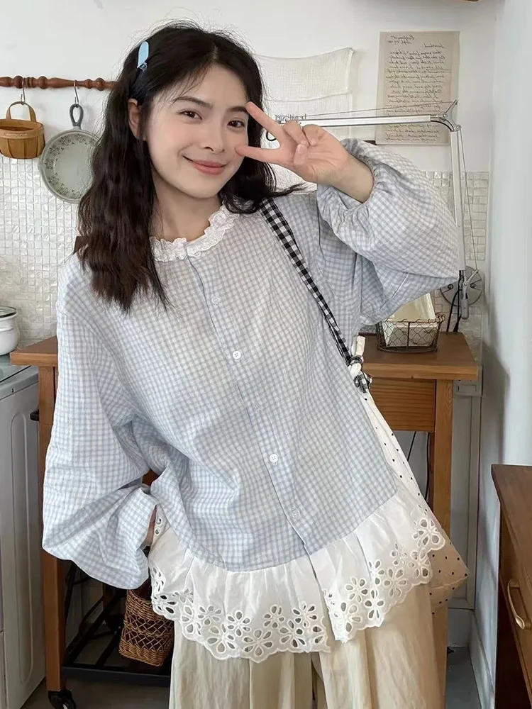 

Zoki Women Sweet Plaid Shirt Korean Fashion Lace Patchwork Loose Blouse Elegant Casual Preppy Style O Neck Female Chic Tops New