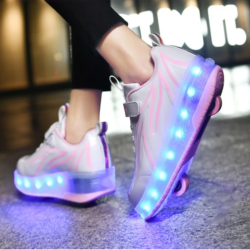 YUNICUS Led Light Boys Girls Shoe USB Charging Black Two Wheels Luminous Sneakers Roller Skate Shoes for Children Kids Led Shoes