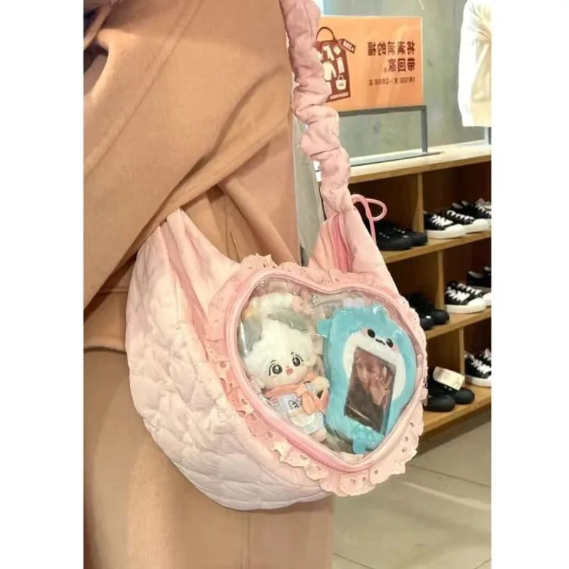 2024 New Lace Love Design Anime Pain Bag Cute Drawstring One Shoulder Crossbody Bag Girl Large Capacity Shopping Zipper Doll Bag