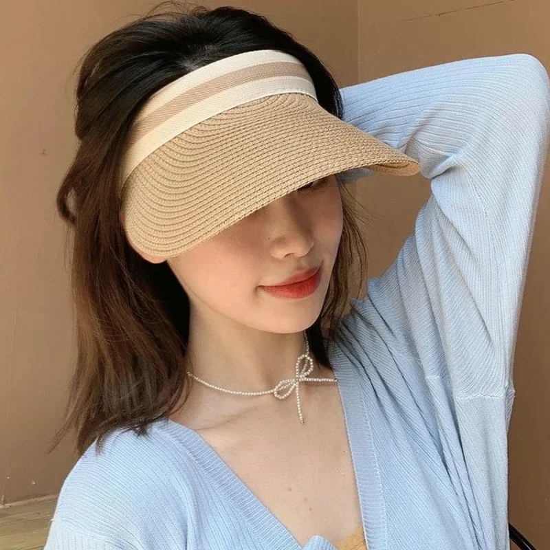 Anti-UV Beach Cap New Fashion Woman Sun Hats Female Outdoor Visor Beach Caps Brethable Empty Top Straw Cap Female Vacation