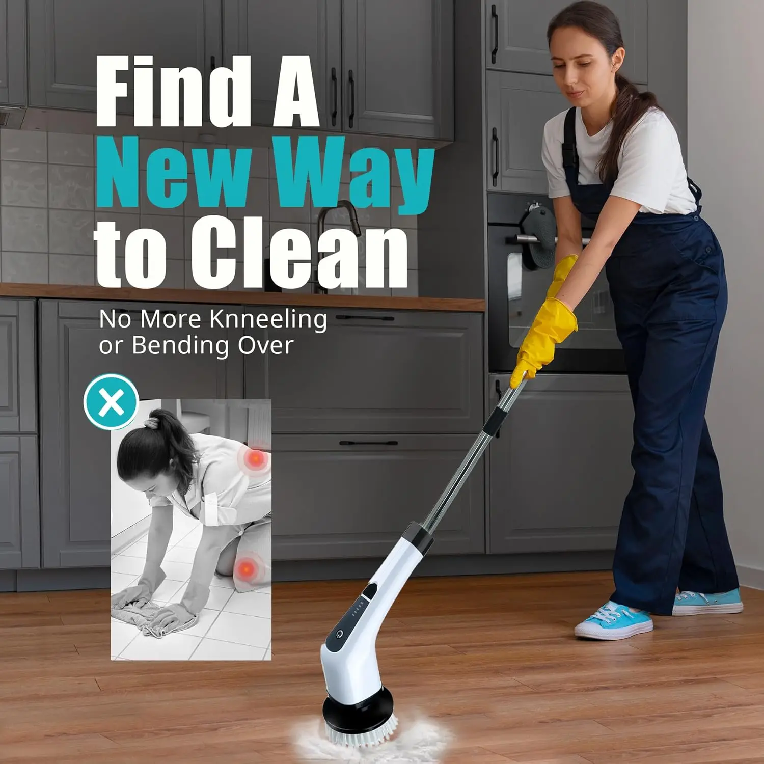 Elebe Electric Spin Scrubber - 7 Brush Heads, 2 Speeds, Adjustable Handle, Bathroom Cleaner, 300/450 RPM