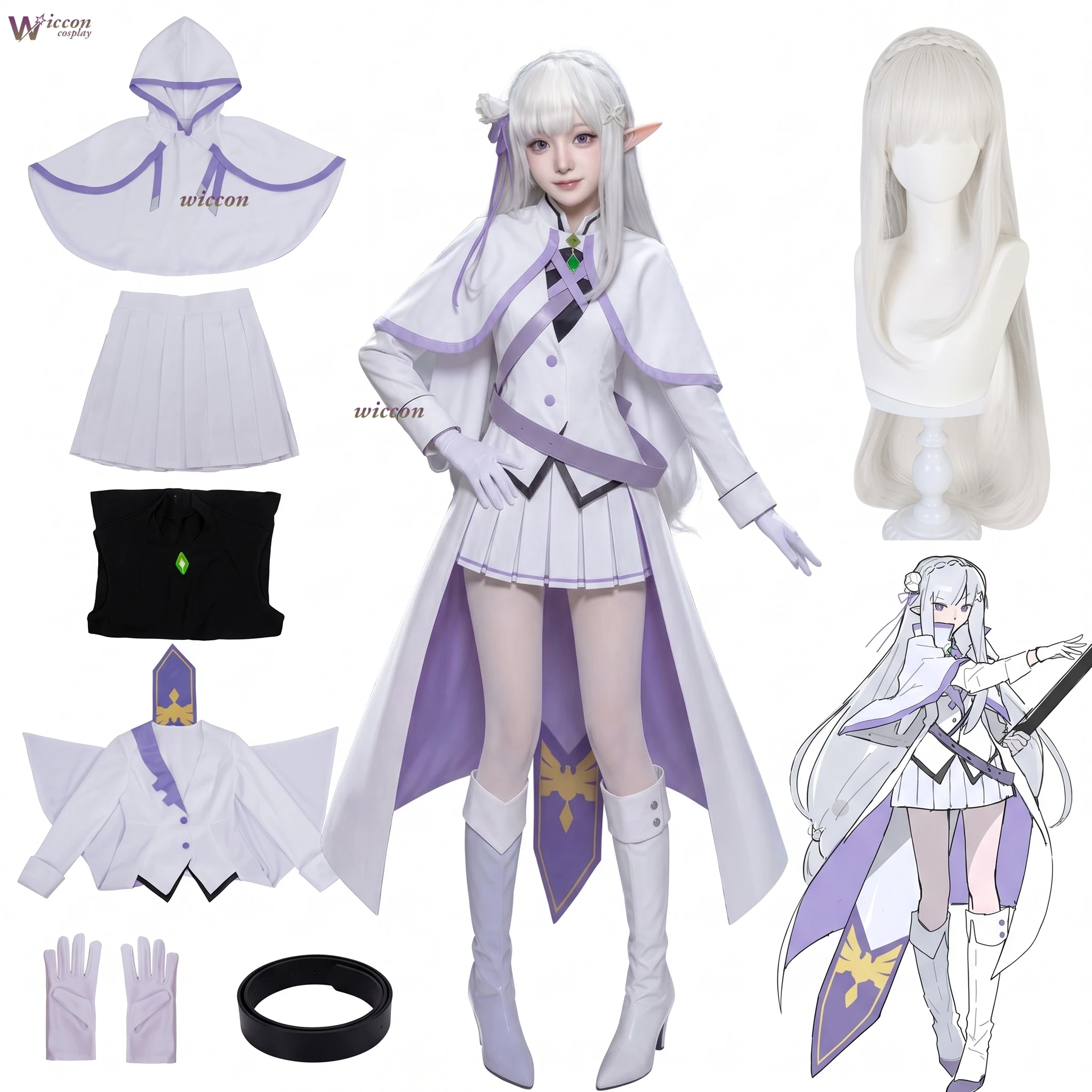 Re:Zero - Vida en Otro Mundo, Cosplay de Emilia Knight para Ceremonia - Vestido con Manto Blanco y Morado, Peluca Plateada, Orejas de Elfo, Conjunto Completo para Halloween