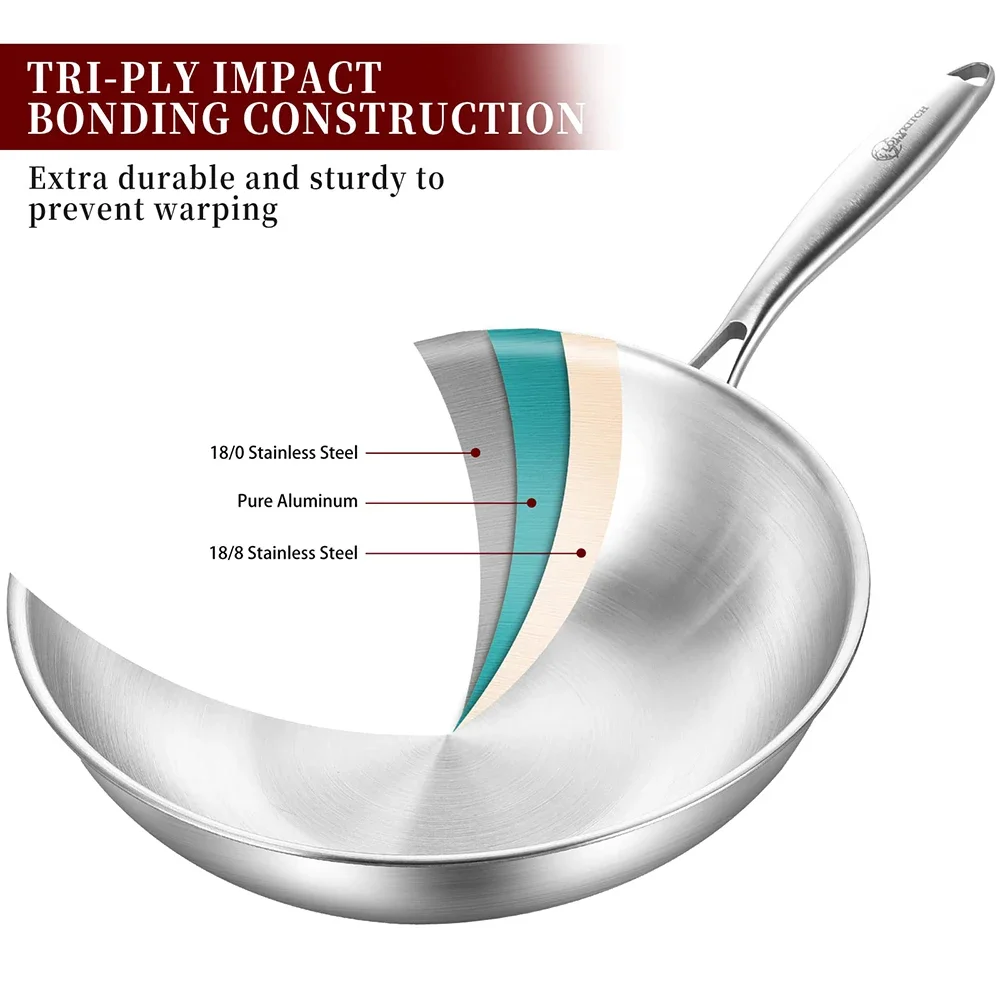 Tri-Ply Stainless Steel Wok With lid,30/32/34cm Stir-Frying Pan, Induction Cooking Pan, Dishwasher & Oven Safe, Heavy Duty & Det
