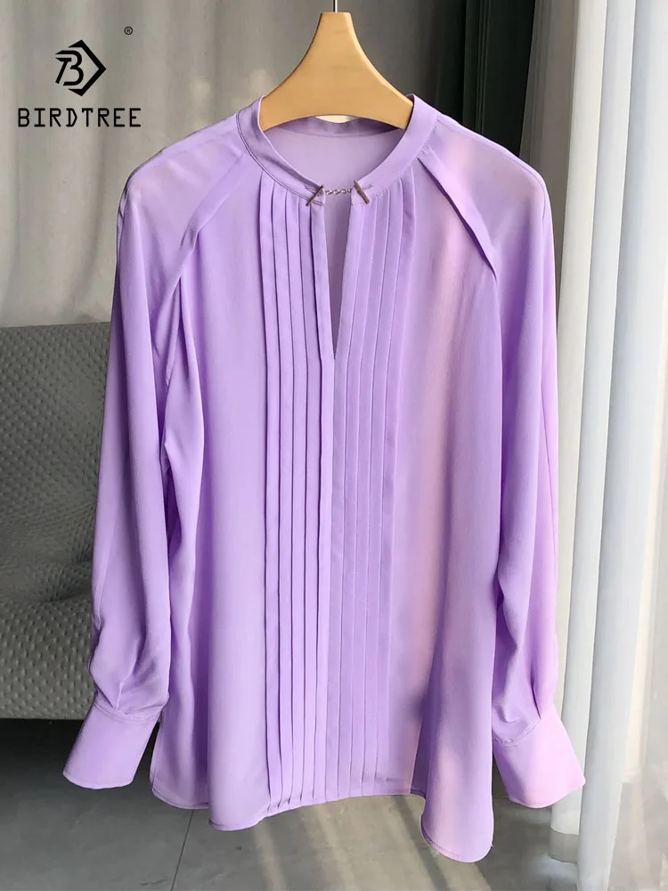 

BirdTree-17 MM 100% Silk Elegant Shirt, Long Sleeve Folds Chain, Women Temperament Commute Loose Blouse, 2025 Autumn T59289CC