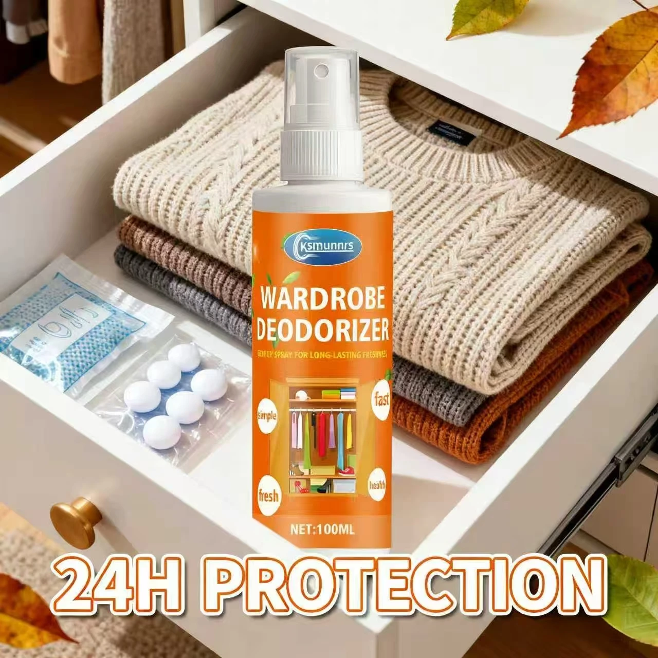 

Ksmunnrs Wardrobe Deodorizer 100ML - Closet Odor Eliminator, Simple Fast Use, Long-Lasting Freshness, Healthy & Refreshing Spray