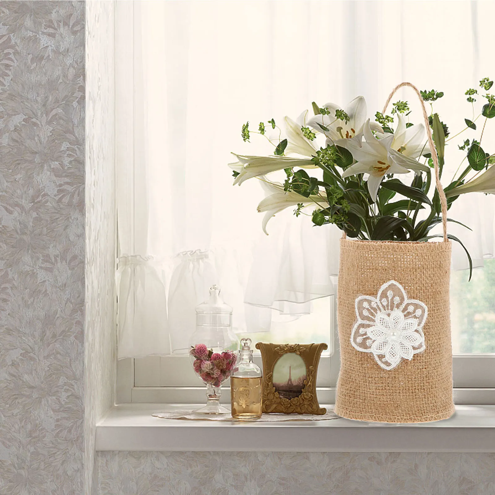 2Pcs Linen Storage Baskets Wedding Decor Burlap Woven Flower Girl Banquet Dry Photography Props Bag Home Storage