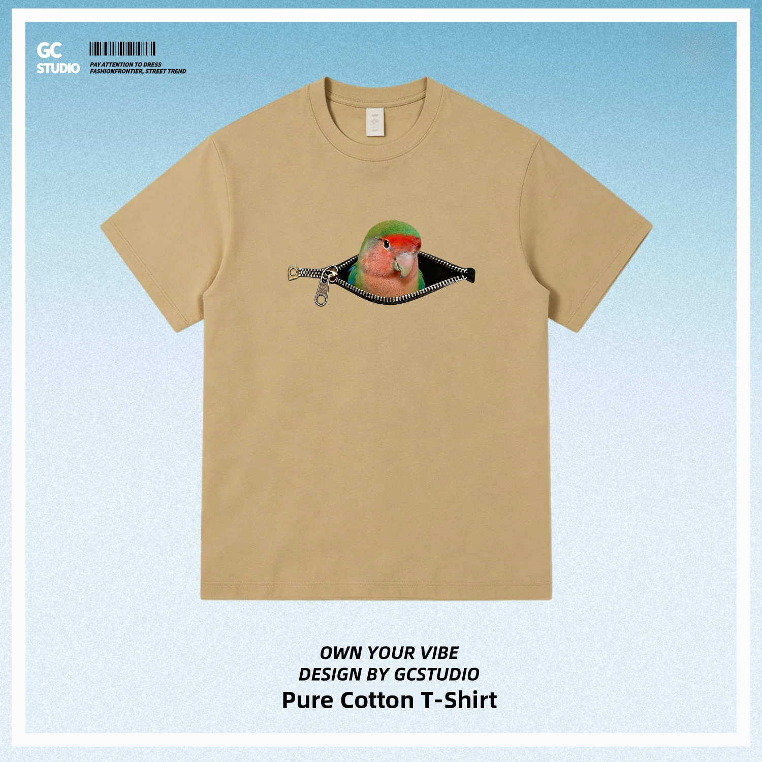 Cute Pet Bird Print T-Shirt Zipper Green Peach Peacock Summer Cotton Short Sleeve Men's Breathable Comfortable Fun Personality