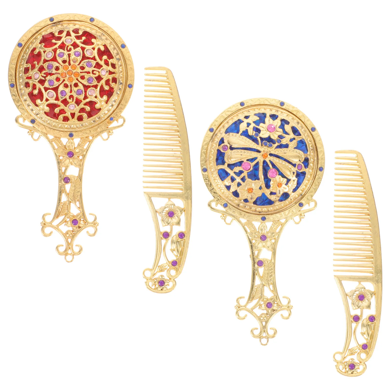 

1Set Vintage Handheld Mirror Comb Set Bronze Hollow Out Design Portable Makeup Mirror for Women Girls Festival Birthday
