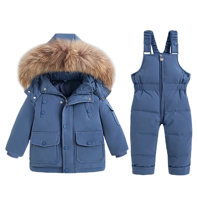 2Pcs Set Children Winter Down Jacket and Jumpsuit Thicken Kids Ski Suit Real Fur Collar Boys Coat Warm Infant Snowsuit 2-5 Year