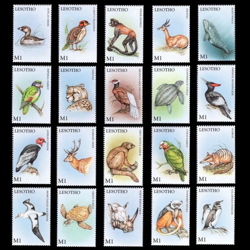 Lesotho-Poststempel, Postversand, Y1998, Tierwelt, Meeresschildkröten, Vögel, Affe, 20 neue sammelbare Briefmarken, Material für Scrapbooking – Detail 1