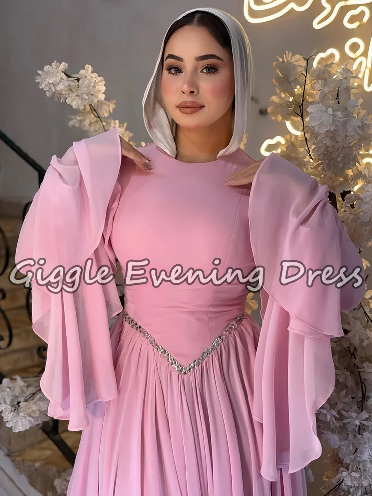 Giggle 2026 saoudien modeste rose robes de soirée musulmanes à manches longues en mousseline de soie perlée a-ligne robe de soirée d'invité de mariage personnalisé