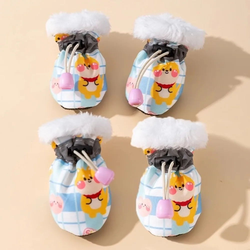 

4 pieces/set Waterproof Dog Snow Boots Soft-Sole Adjustable Dogs Warm Boots Thickened Cotton Cartoon Winter Dogs Boots