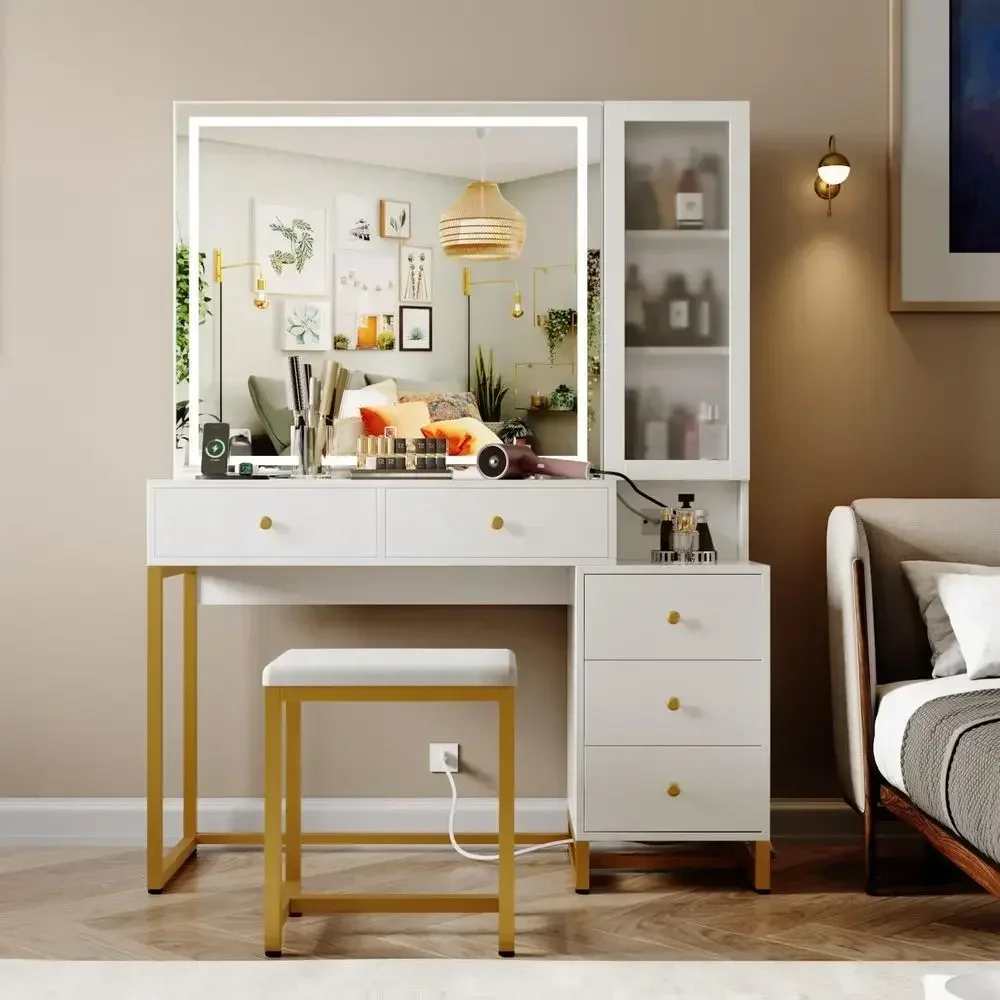 Extra Large Makeup Vanity Table with Sliding Lighted Mirror, Charging Station, and Cushioned Stool, 5 Drawers Vanity Set for Bed
