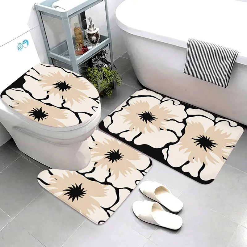 3Pcs Modern Floral Flannel Bath Mat Non Slip Highly Absorbent Toilet Rug for Bathroom Kitchen Bedroom Entryway Washable Decor